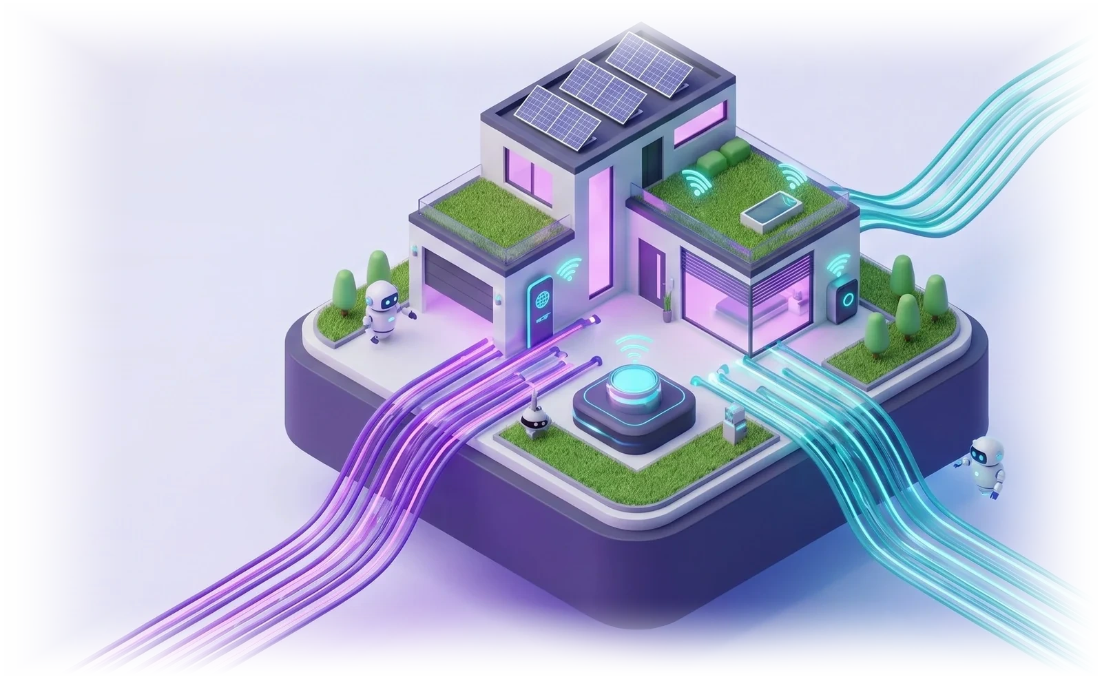 Isometric illustration of a smart home connected to fiber internet with glowing data lines