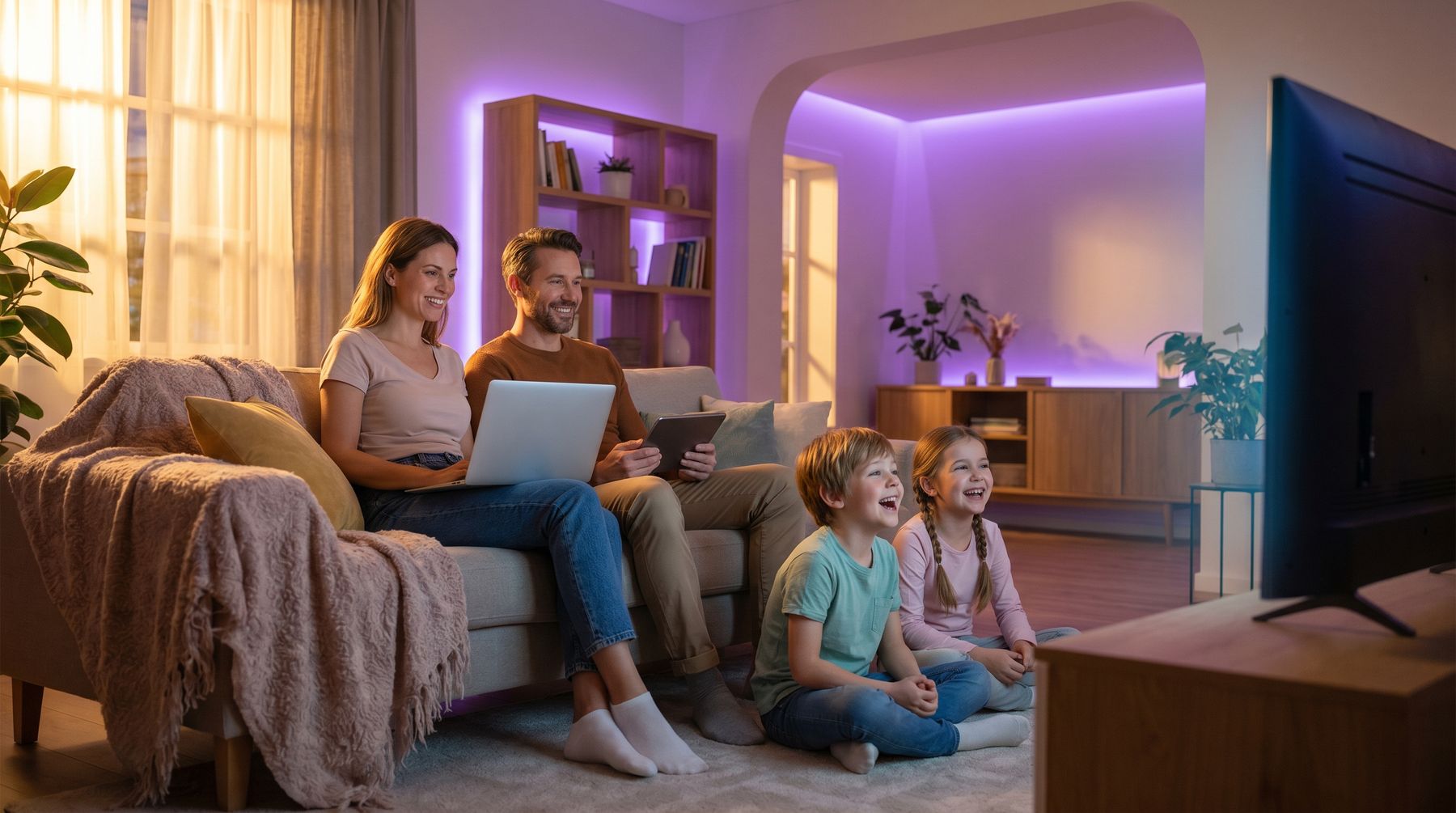 Two parents on a sofa with a laptop and tablet while their children watch TV, all on one connection