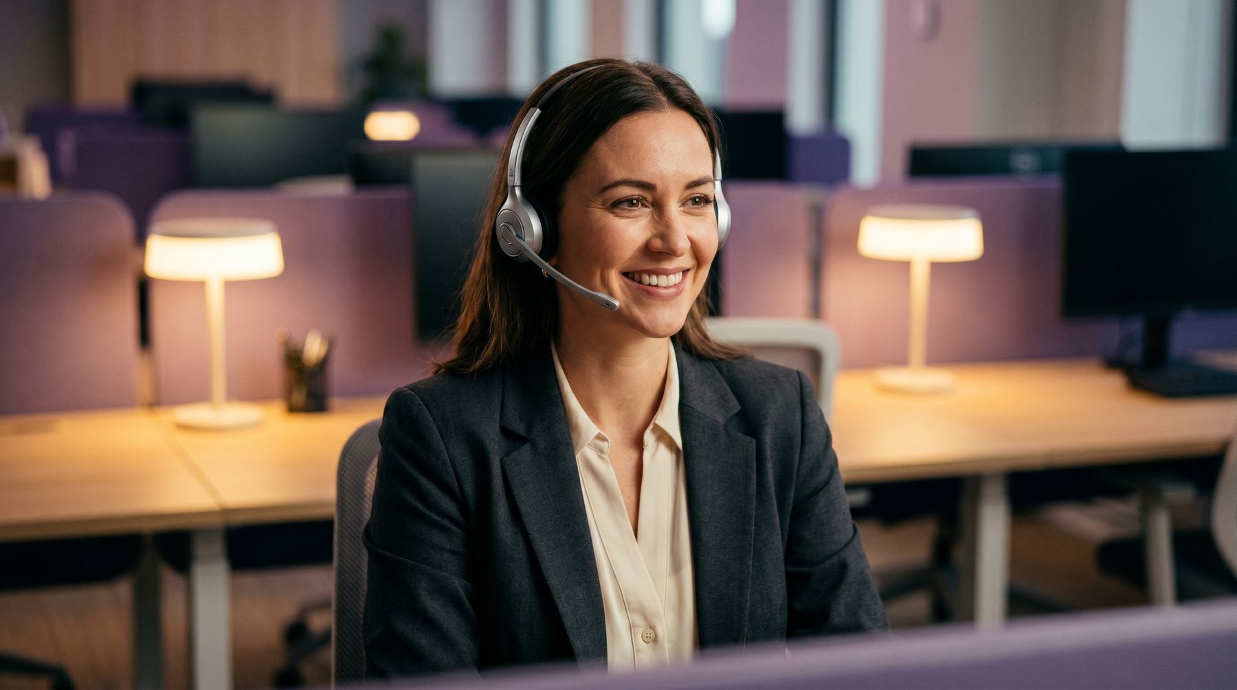 A sales agent in a headset taking a customer order by phone