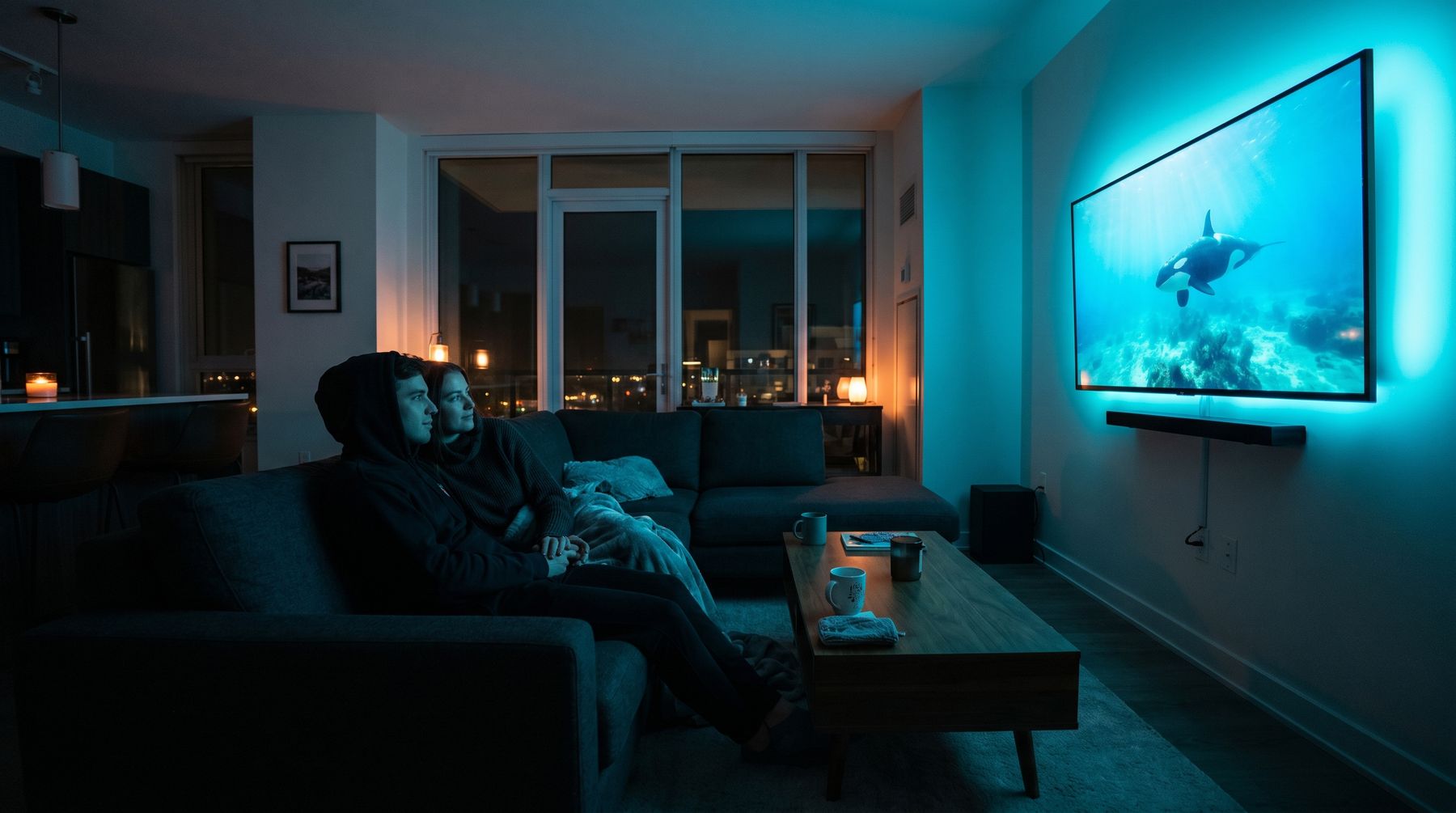 A couple watching live TV and streaming apps through Astound