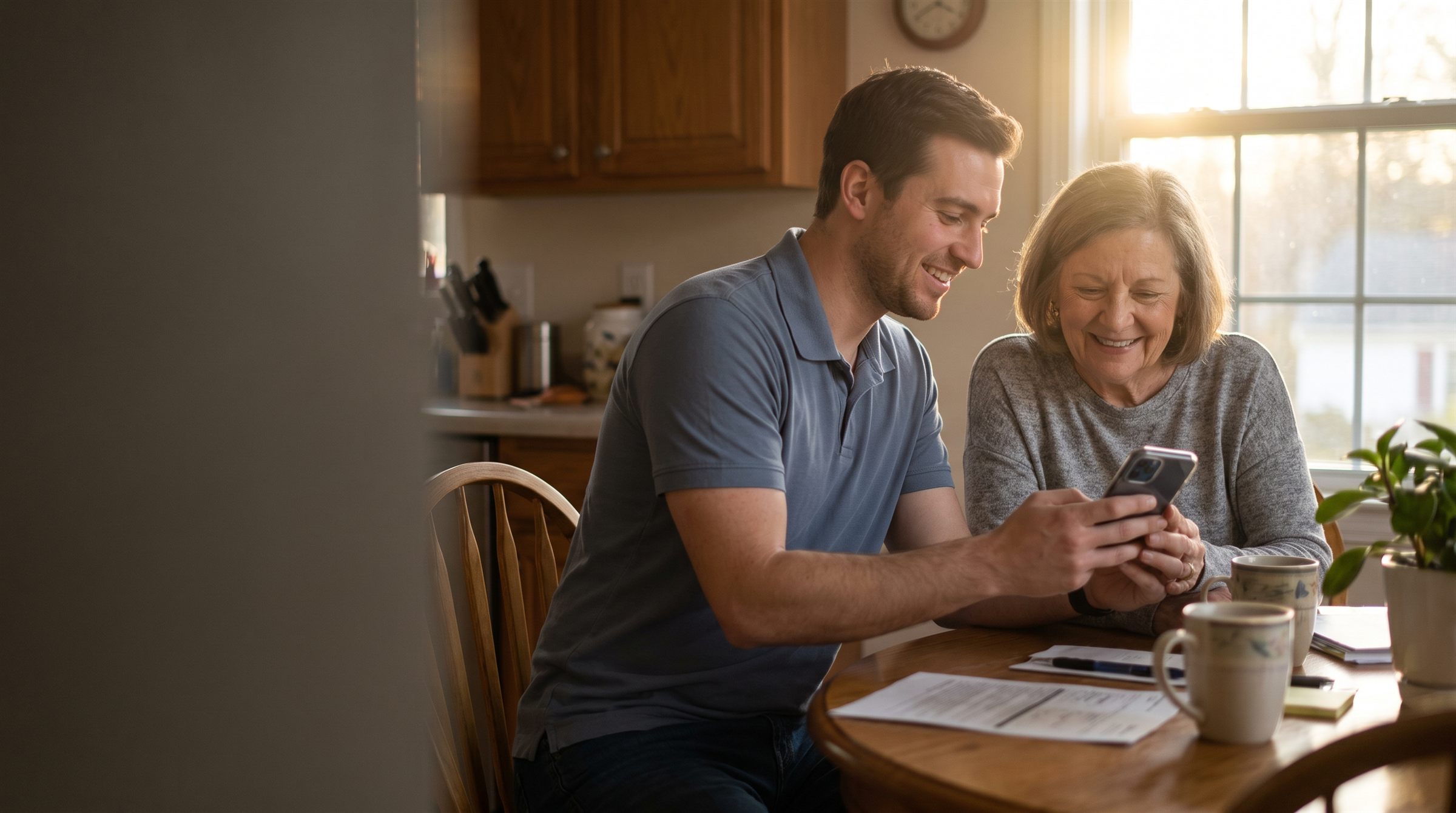 Two people at a kitchen table comparing AT&T plans on a phone