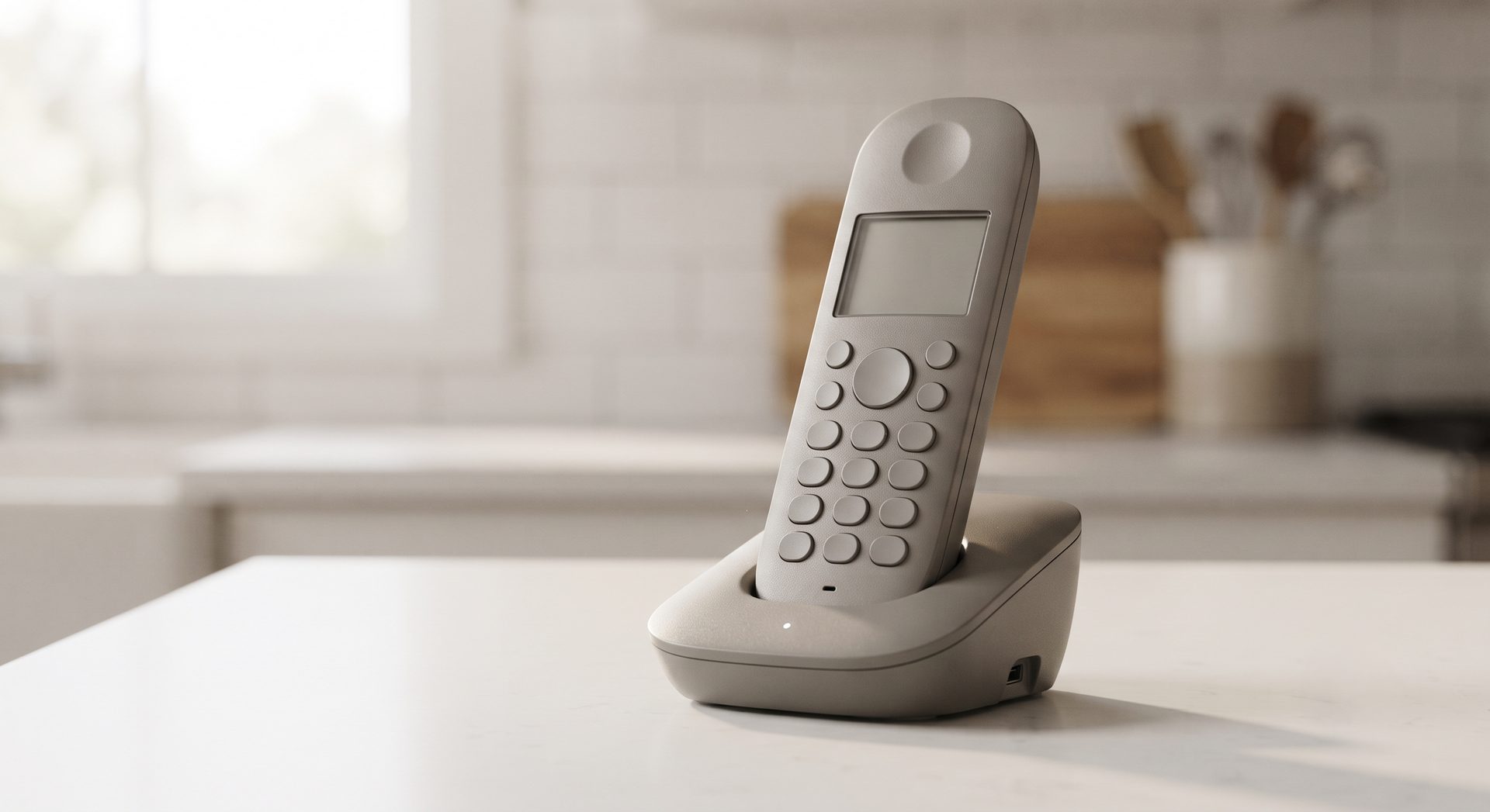 Cordless landline handset resting in its base on a kitchen counter