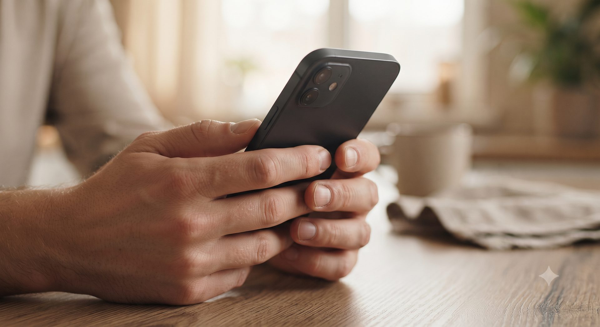 Hands holding a smartphone at a kitchen table