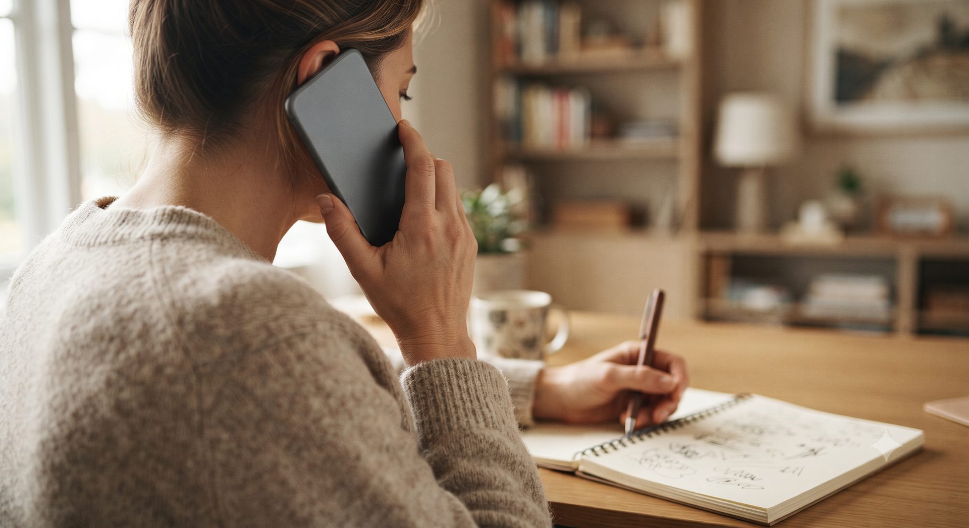 Person at a desk taking a phone call with a notebook open