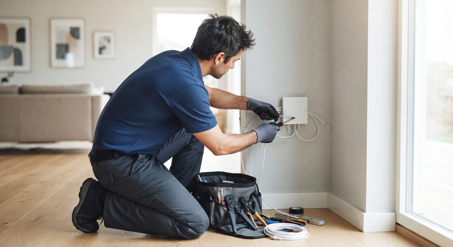 Technician installing a small networking box on an interior wall