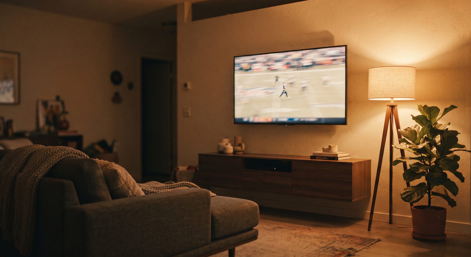 Living room in the evening with a large wall-mounted television playing