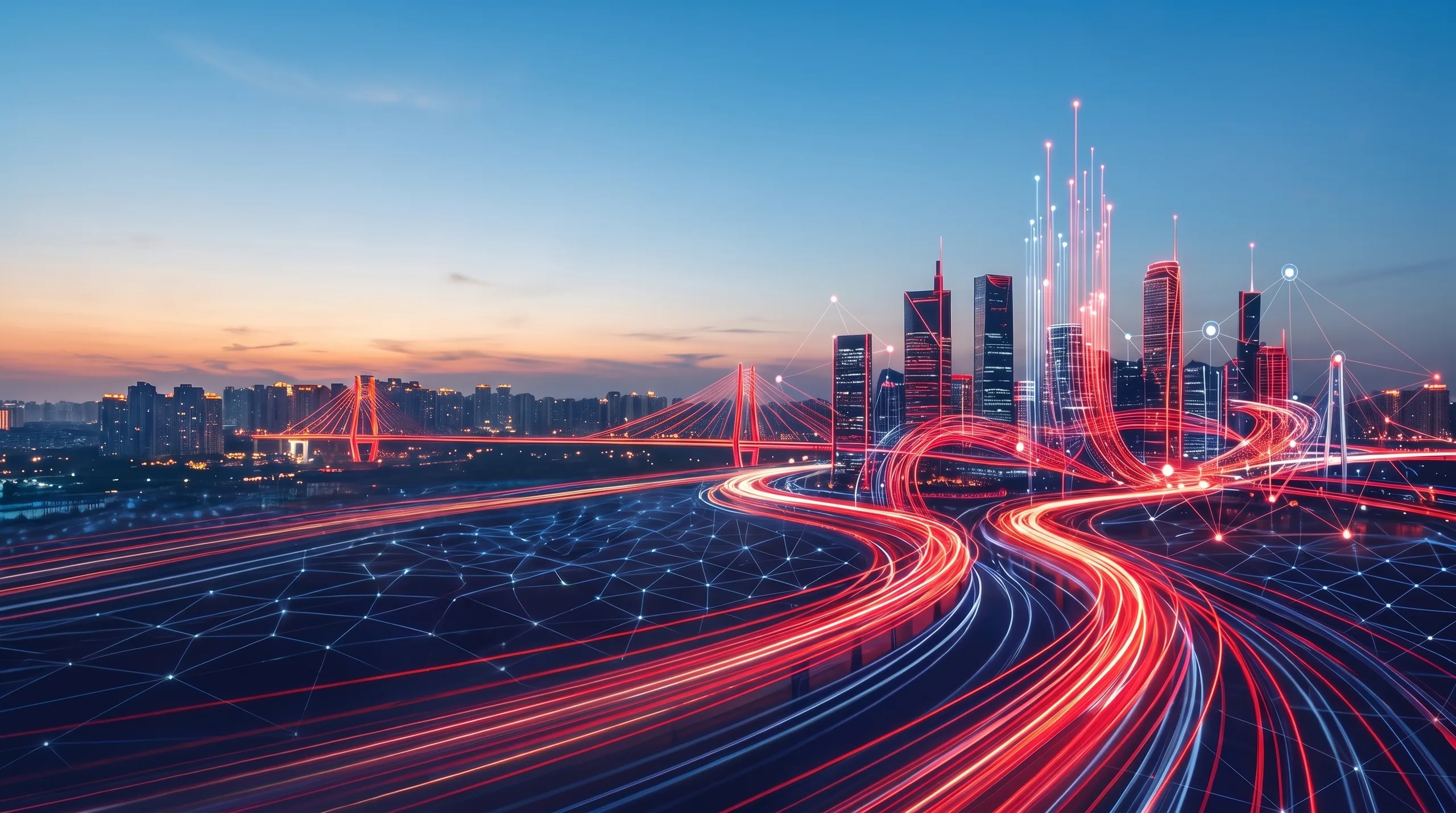 Fiber network light trails across a city skyline at dusk